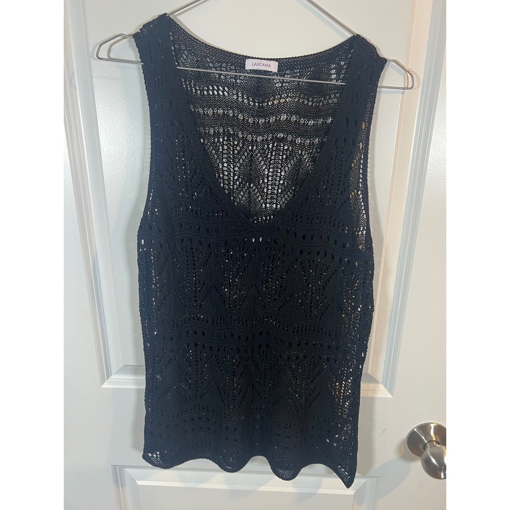 Lascana Womens Crochet Tank Top Pointelle Open Weave Black Size 4/6